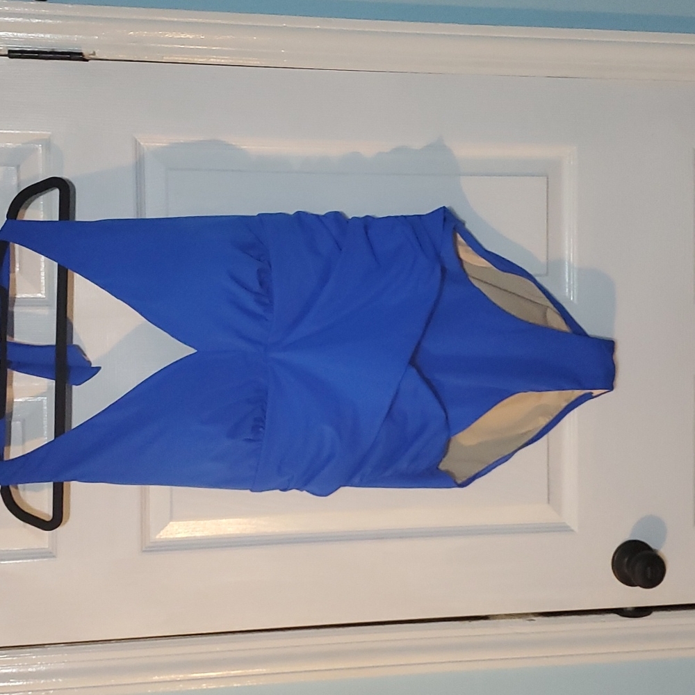 NWOT Swimsuits for All Size 22 Blue V neck halter shirred one piece suit